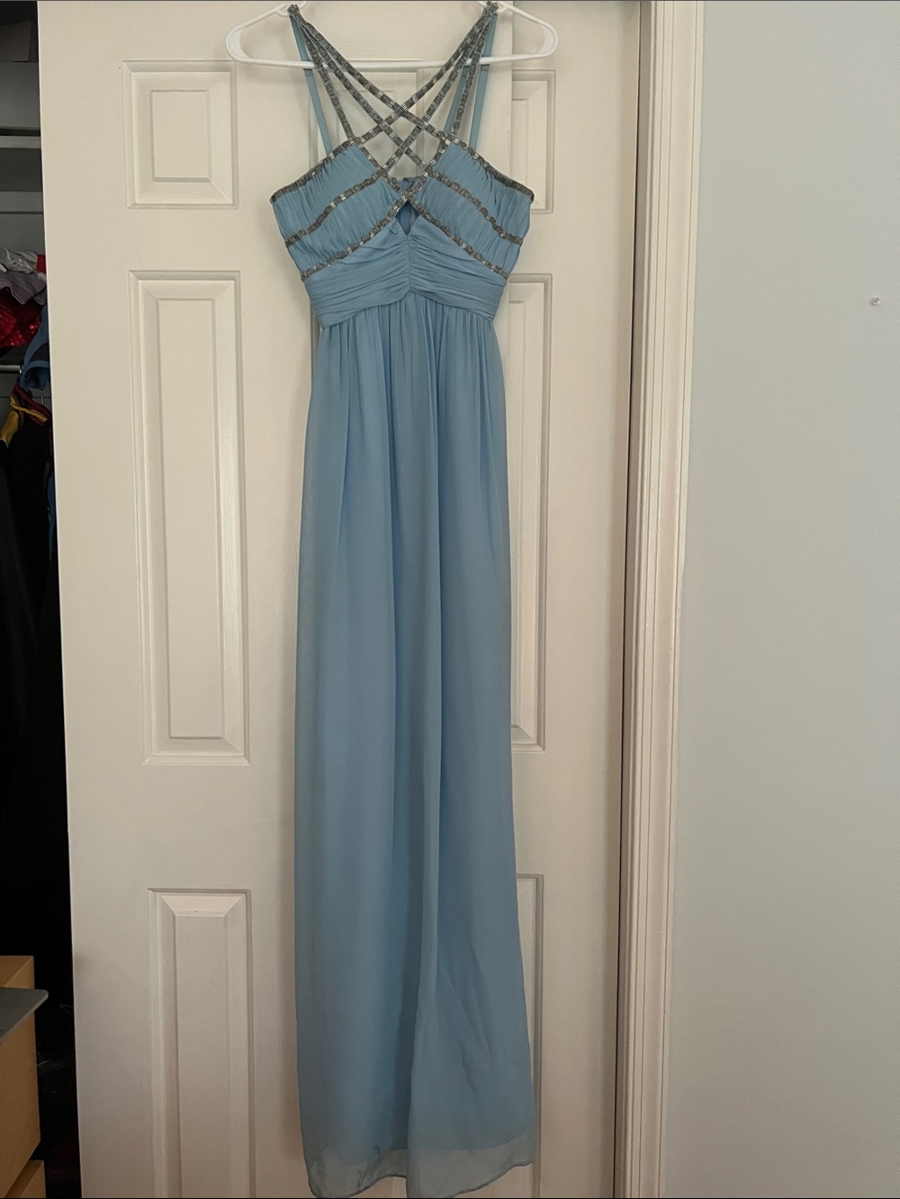 Hailey Logan Light Blue Crisscross Chiffon Gown